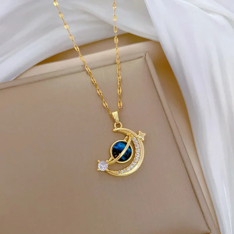 Luxury Inlaid Zircon Planet Moon Pendant Necklace for Women Fashion Star Water Drop Clavicle Chain Charm Jewelry Gift