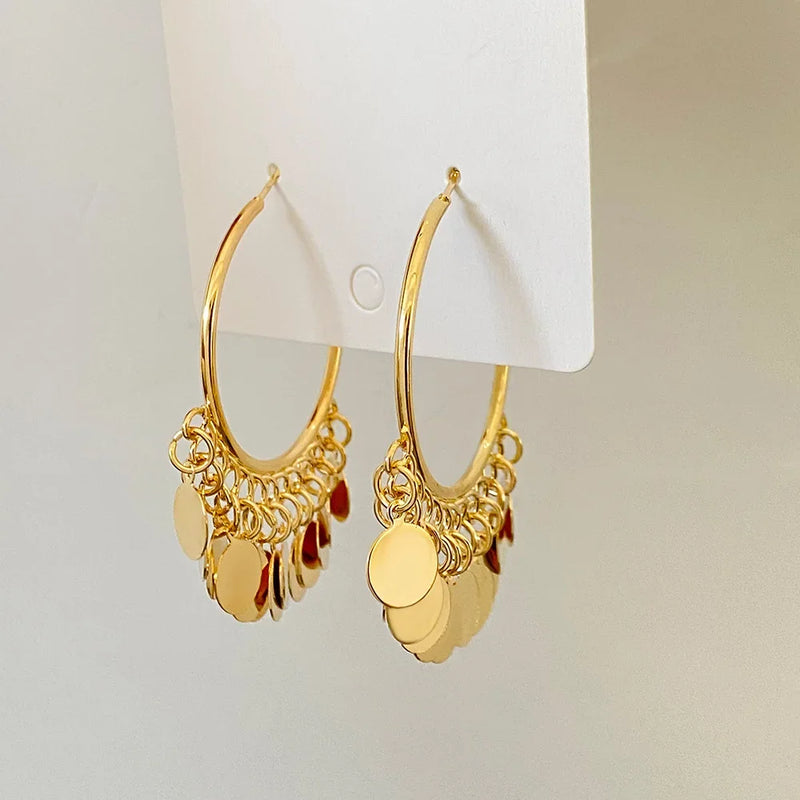 2024 New Fashion Golden Sequins Metal Tassel Hoop Earrings Luxury Trendy Temperament Earrings for Women Jewelry Gifts Wholesale